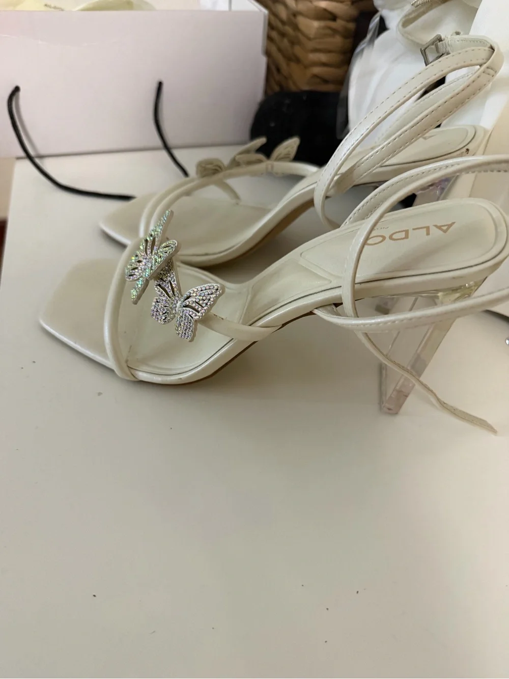 ALDO White Butterfly Crystal Ankle-Strap Sandals